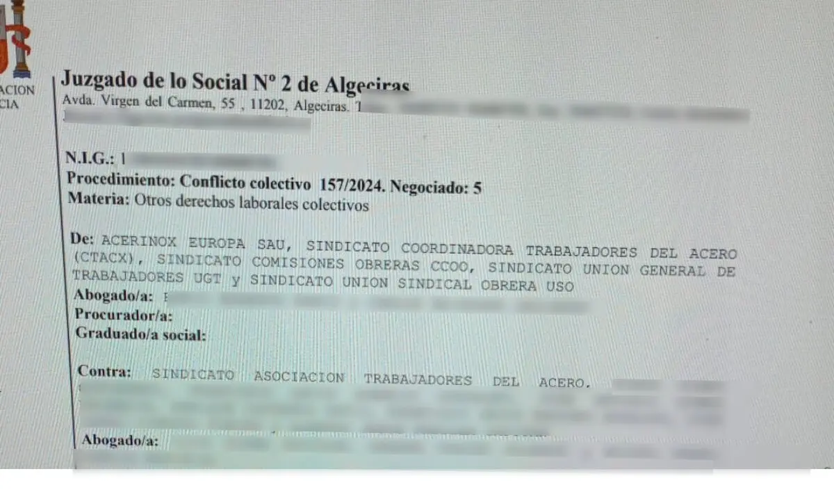 Documento judicial en el que sí aparece CCOO como parte denunciante