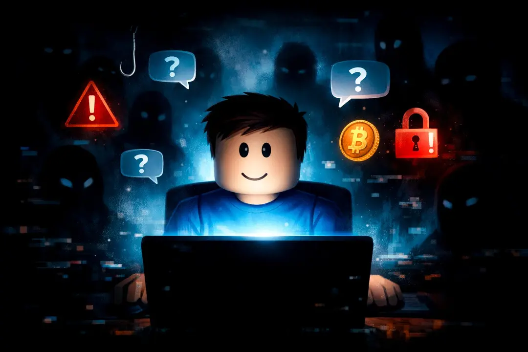Menor frente a la pantalla mientras s&iacute;mbolos de alerta y sombras digitales representan los riesgos ocultos en el entorno online. Imagen generada por IA.