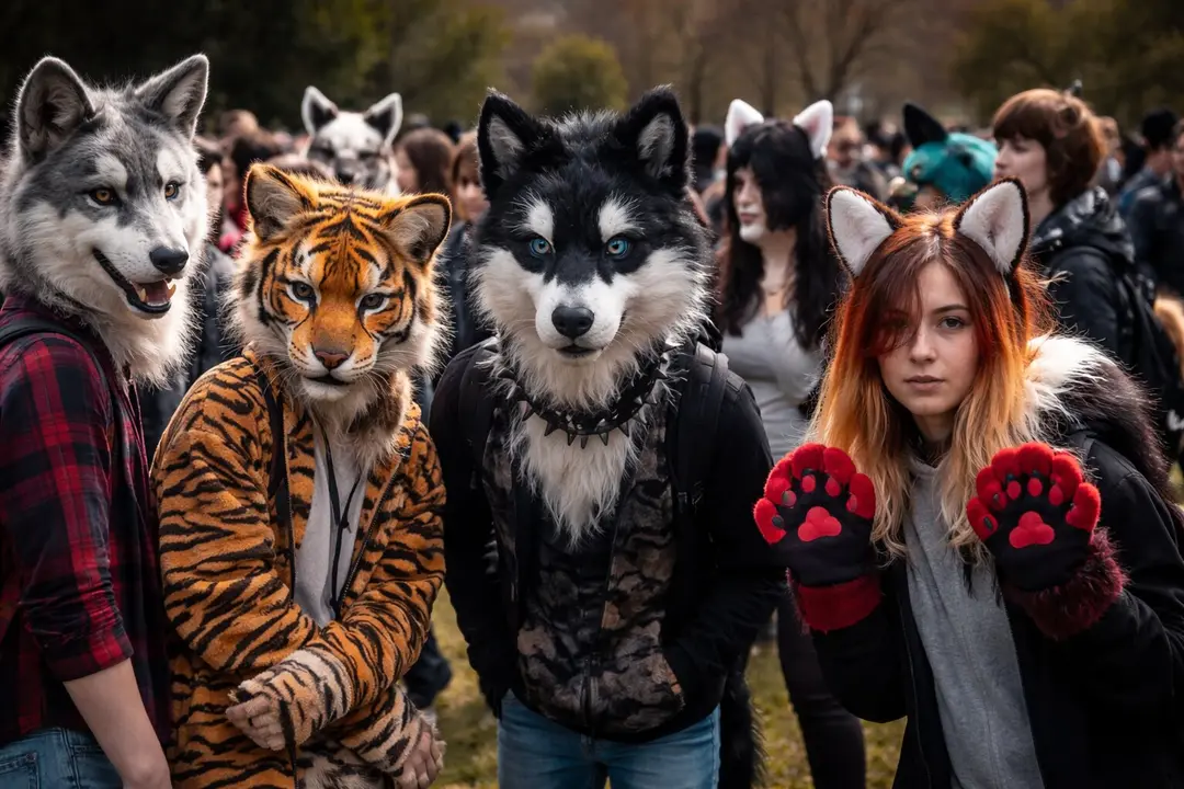 Imagen generada mediante inteligencia artificial que recrea a j&oacute;venes caracterizados con m&aacute;scaras y complementos animales en un encuentro vinculado a la tendencia &lsquo;therian&rsquo;.