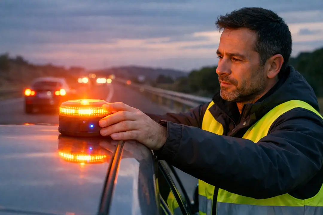 Un conductor coloca una baliza V16 conectada sobre el veh&iacute;culo para se&ntilde;alizar una incidencia en carretera - FOTO: IA