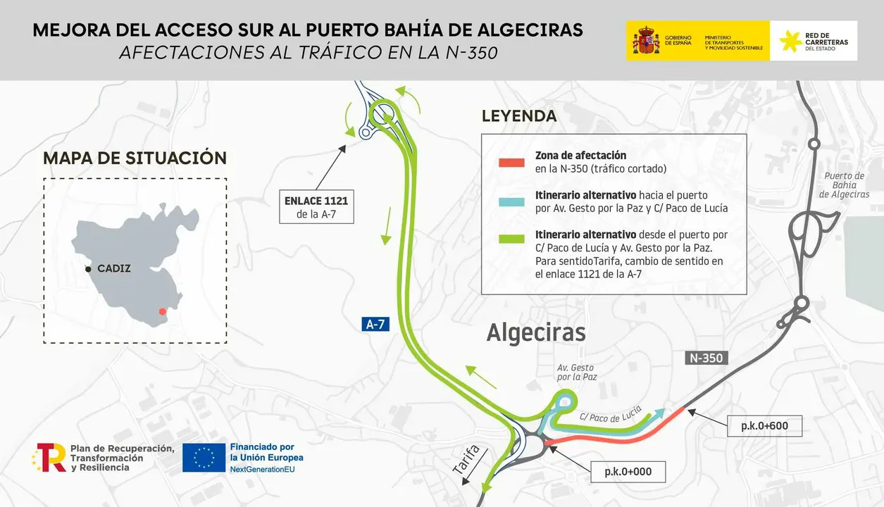 Mapa de los desv&iacute;os de tr&aacute;fico previstos por las obras del acceso sur al Puerto de Algeciras
