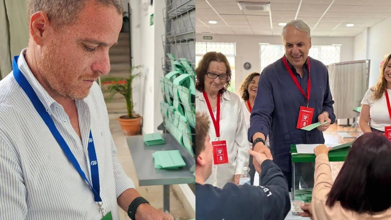 Montaje con im&aacute;genes de Juan Carlos Ruiz Boix y del concejal popular Daniel Rodr&iacute;guez durante la jornada electoral marcada por la pol&eacute;mica pol&iacute;tica en San Roque.