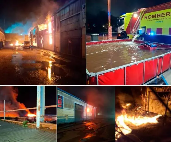 Imagen del incendio registrado esta madrugada en varias naves industriales del pol&iacute;gono Cortijo Real de Algeciras