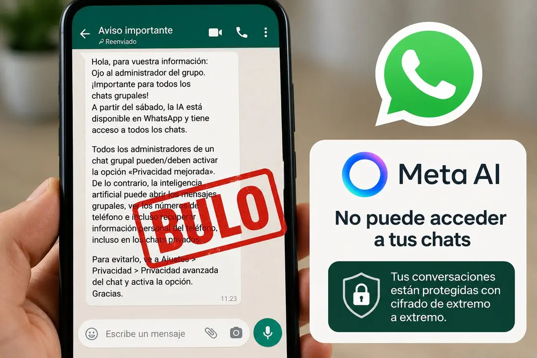 Imagen ilustrativa de uno de los mensajes falsos que circulan en WhatsApp sobre el supuesto acceso de la inteligencia artificial de Meta a conversaciones privadas