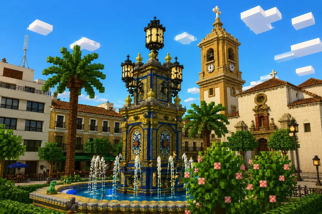 Recreaci&oacute;n de la Plaza Alta de Algeciras inspirada en el universo visual de Minecraft con motivo de la proyecci&oacute;n de Una pel&iacute;cula de Minecraft
