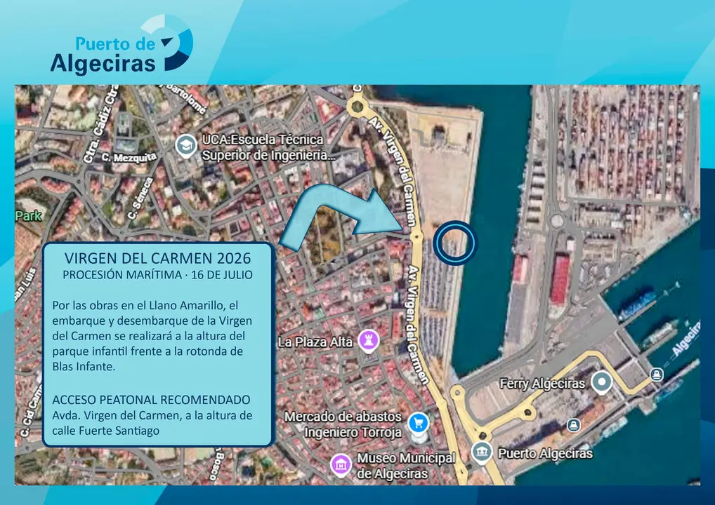 Plano con el nuevo punto de embarque y desembarque de la Virgen del Carmen en el Puerto de Algeciras
