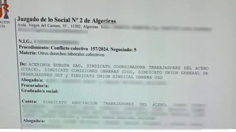 Documento judicial en el que sí aparece CCOO como parte denunciante