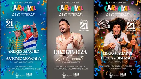 Cartel anunciador de la programaci&oacute;n de la Carpa Joven del Carnaval en el Lago Mar&iacute;timo