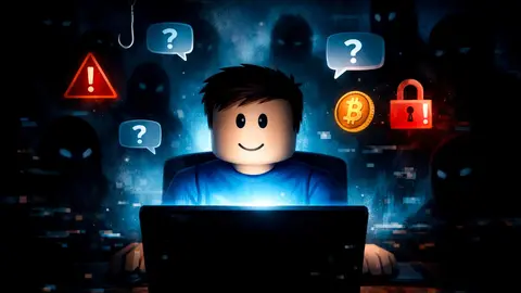 Menor frente a la pantalla mientras s&iacute;mbolos de alerta y sombras digitales representan los riesgos ocultos en el entorno online. Imagen generada por IA.