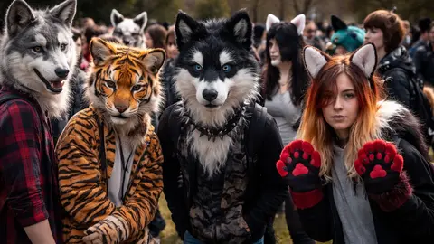 Imagen generada mediante inteligencia artificial que recrea a j&oacute;venes caracterizados con m&aacute;scaras y complementos animales en un encuentro vinculado a la tendencia &lsquo;therian&rsquo;.
