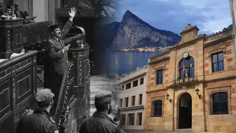 Vista del Ayuntamiento de Algeciras junto a una imagen hist&oacute;rica del asalto al Congreso durante el 23-F, en un montaje que simboliza el impacto del golpe en la comarca.