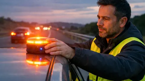 Un conductor coloca una baliza V16 conectada sobre el veh&iacute;culo para se&ntilde;alizar una incidencia en carretera - FOTO: IA
