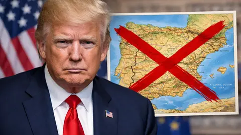 Donald Trump durante una comparecencia oficial con un mapa de Espa&ntilde;a tachado al fondo - FOTO: IA