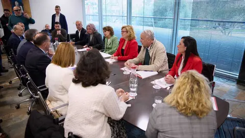 Mar&iacute;a Jes&uacute;s Montero durante la reuni&oacute;n mantenida en Algeciras con representantes de la C&aacute;mara de Comercio del Campo de Gibraltar y del Grupo Transfronterizo.