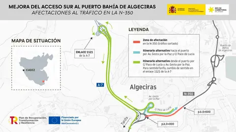 Mapa de los desv&iacute;os de tr&aacute;fico previstos por las obras del acceso sur al Puerto de Algeciras