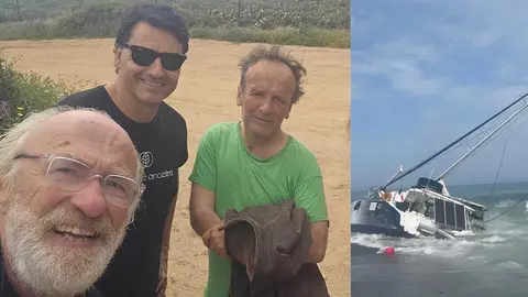Philippe, Fran&ccedil;ois y Alfredo durante las labores de asistencia junto al catamar&aacute;n varado en la playa de La Alcaidesa.