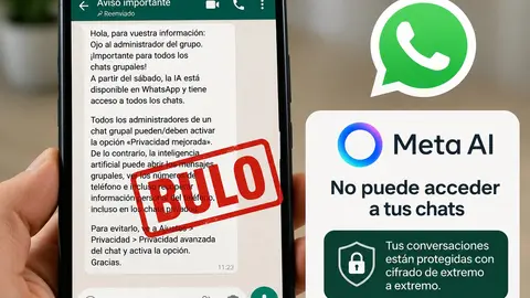 Imagen ilustrativa de uno de los mensajes falsos que circulan en WhatsApp sobre el supuesto acceso de la inteligencia artificial de Meta a conversaciones privadas