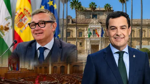 Juanma Moreno y Manuel Gavira, con el Parlamento de Andaluc&iacute;a como escenario de fondo durante las negociaciones entre PP y Vox
