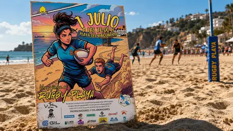 Cartel anunciador de los entrenamientos de rugby playa organizados por el Club Bah&iacute;a 89 en El Rinconcillo