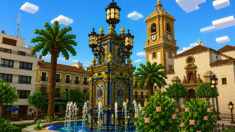Recreaci&oacute;n de la Plaza Alta de Algeciras inspirada en el universo visual de Minecraft con motivo de la proyecci&oacute;n de Una pel&iacute;cula de Minecraft