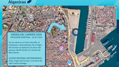 Plano con el nuevo punto de embarque y desembarque de la Virgen del Carmen en el Puerto de Algeciras