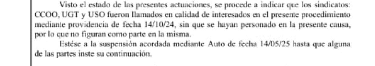 Documento judicial en el que se matiza que CCOO, al giaul que otros sindicatos, fue llamado en calidad de %22interesado%22
