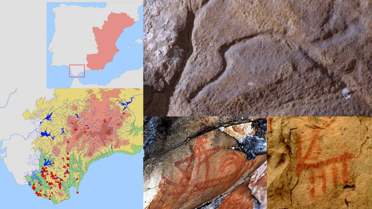 Mapa indicativo de las localizaciones, junto a tres obras de la comarca: Tarifa (arriba), Jimena (izquierda) y Los Barrios (derecha)