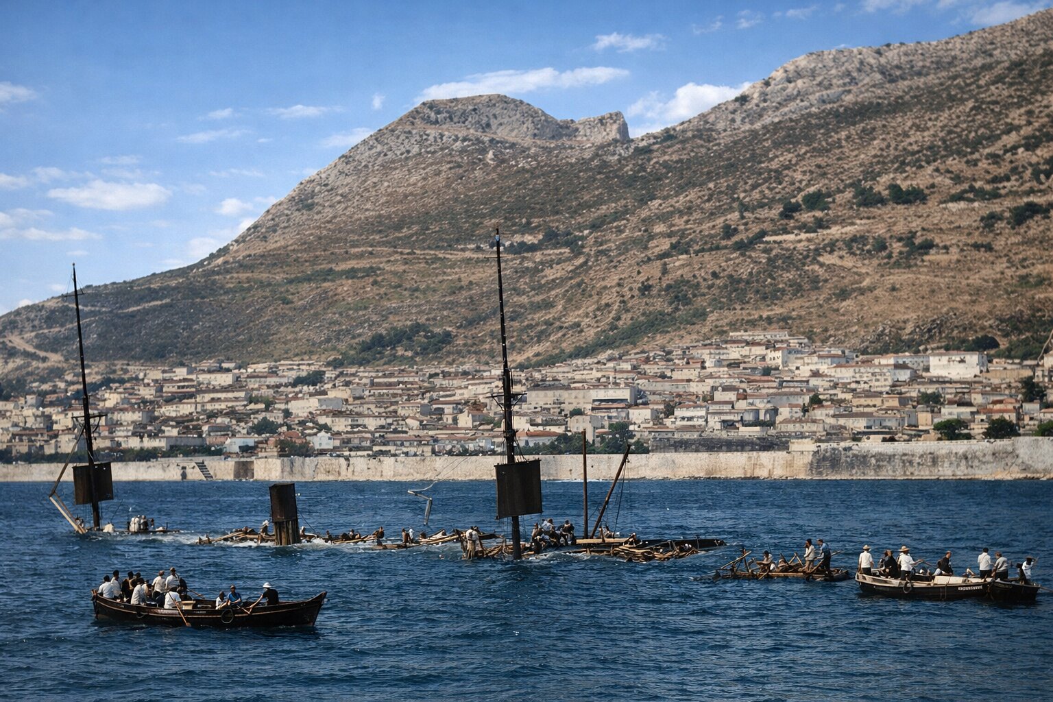 Recreación generada con inteligencia artificial del hundimiento del vapor británico Utopia frente a Gibraltar en 1891, basada en una fotografía histórica original