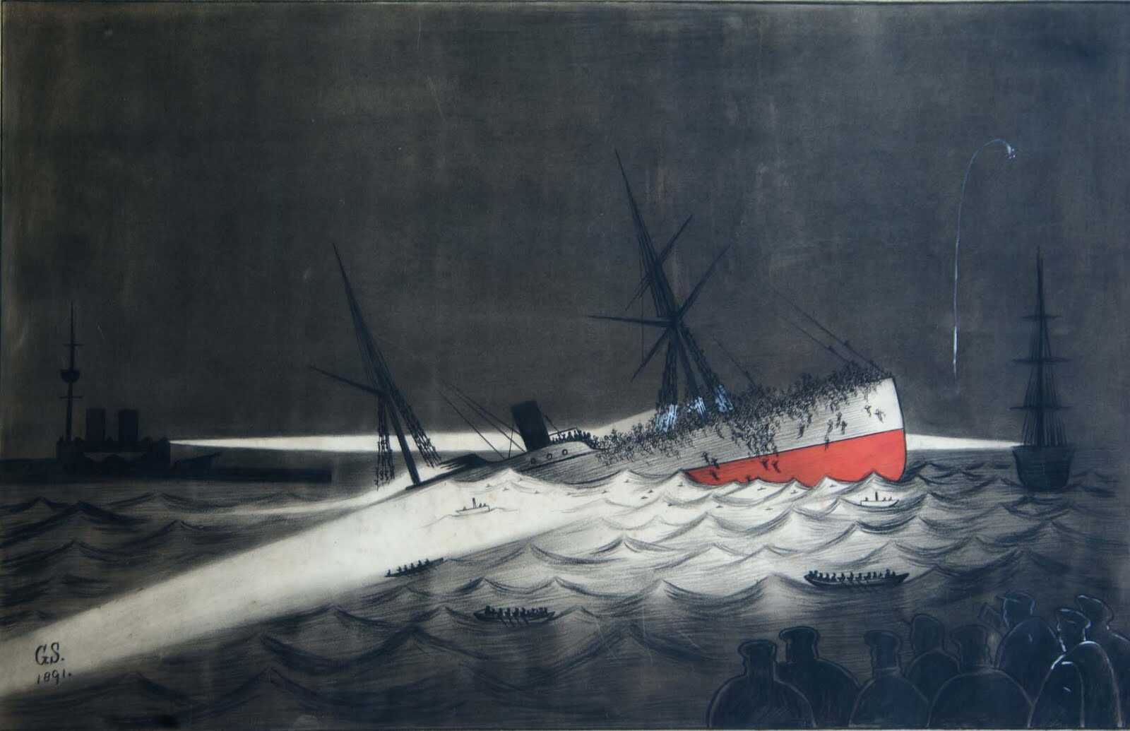 Dibujo del hundimiento del Utopia realizado por una testigo, la Sra. Georgina Smith.